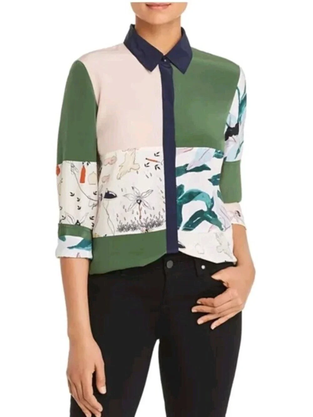 Tory Burch Sz 2 Patchwork Silk Shirt Green White Pink Ivory Poetry Print Blouse - Picture 2 of 9